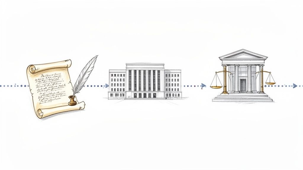 Ilustrácia procesu tvorby a uplatňovania práva, vrátane starého dokumentu, administratívnej budovy a súdu.