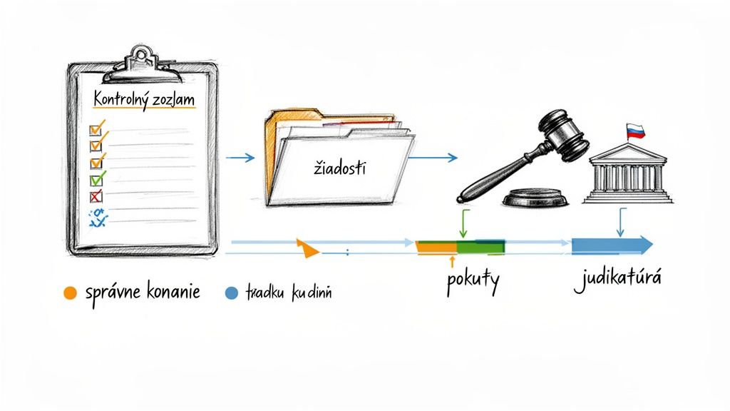 Diagram znázorňujúci administratívny a súdny proces, vrátane kontrolného zoznamu, žiadostí, pokút a judikatúry.