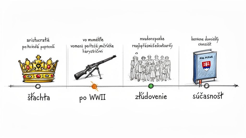 Časová os zobrazuje vývoj od šľachty, cez povojnové obdobie, zľudovenie, až po súčasné zákony.