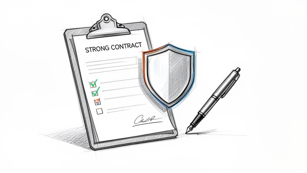 Ilustrácia pevnej zmluvy na schránke so štítom a perom, zdôrazňujúca bezpečnosť a podpis.