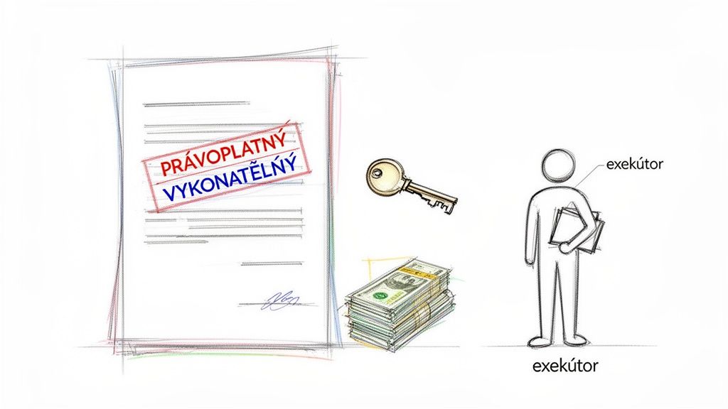 Ilustrácia procesu exekúcie: súdny dokument s pečiatkou, peniaze, kľúč a postava exekútora.