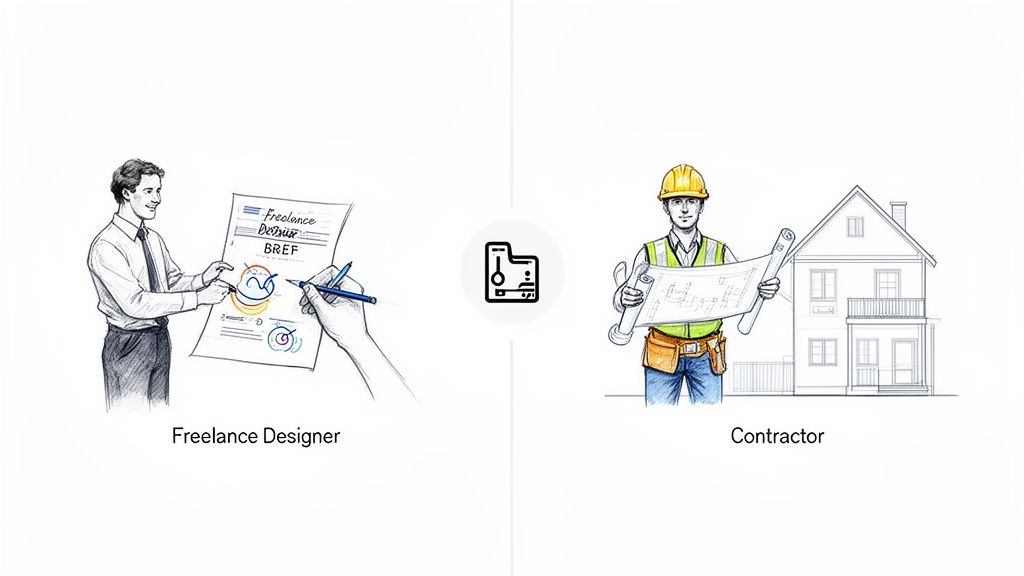 Ilustrácia zobrazujúca freelancera a dodávateľa, prepojených ikonou dokumentu, symbolizujúca pracovný tok.