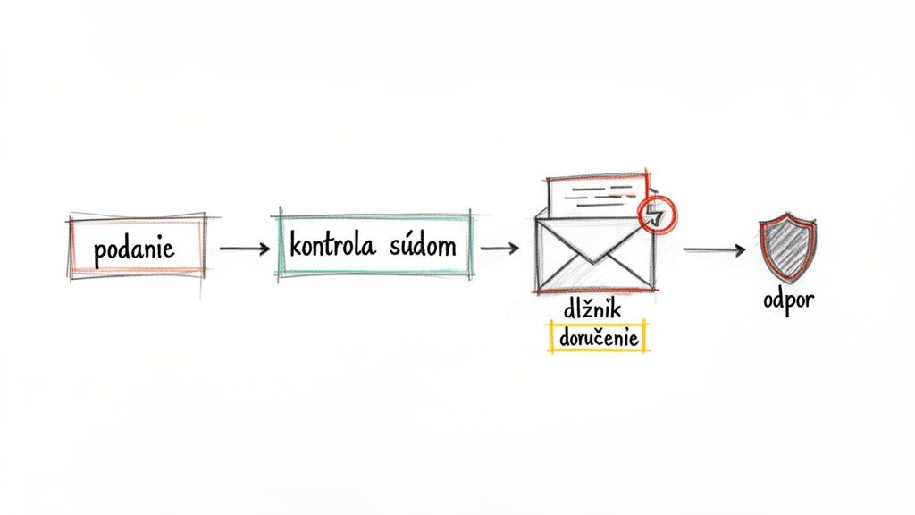Prehľadný diagram procesu návrhu na platobný rozkaz: podanie, kontrola súdom, doručenie a možný odpor.
