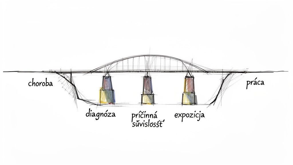 Diagram mosta znázorňujúci vzťah medzi chorobou z povolania, expozíciou, diagnózou a príčinnou súvislosťou.