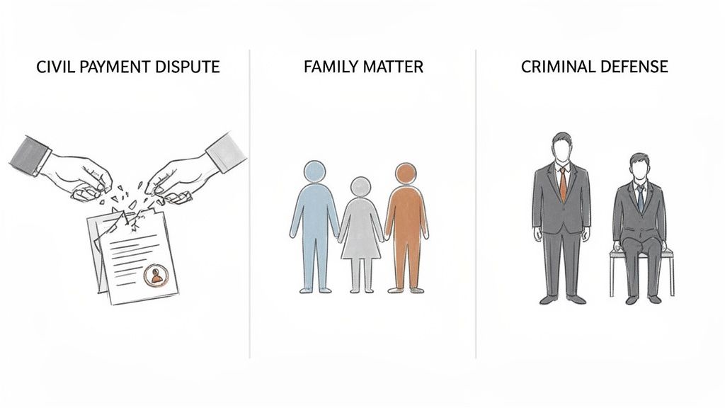 Tri ilustrácie znázorňujúce právne služby: spor o platbu, rodinnú záležitosť a trestnú obranu.