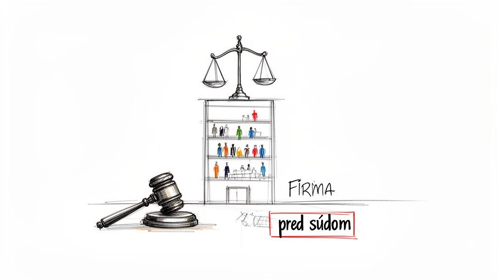 Kresba zobrazujúca firemnú budovu s ľuďmi, váhy spravodlivosti a sudcovskú paličku, symbolizujúca firmu pred súdom.