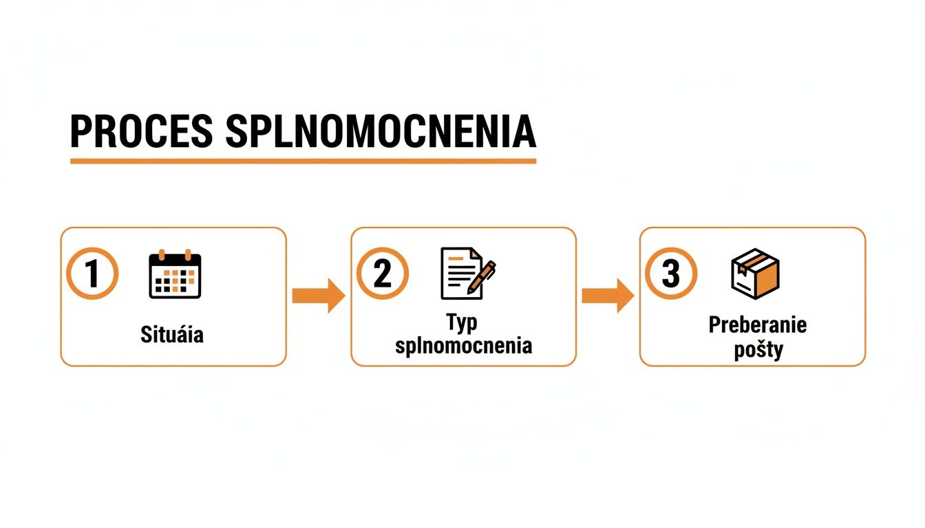 Diagram znázorňujúci trojkrokový proces splnomocnenia: situácia, typ splnomocnenia a preberanie pošty.