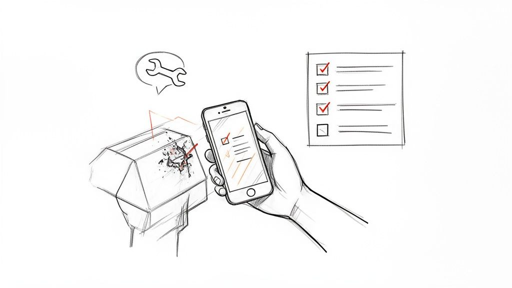 Ruka drží smartfón s aplikáciou na kontrolu poškodenia, vedľa poškodeného objektu a kontrolného zoznamu.