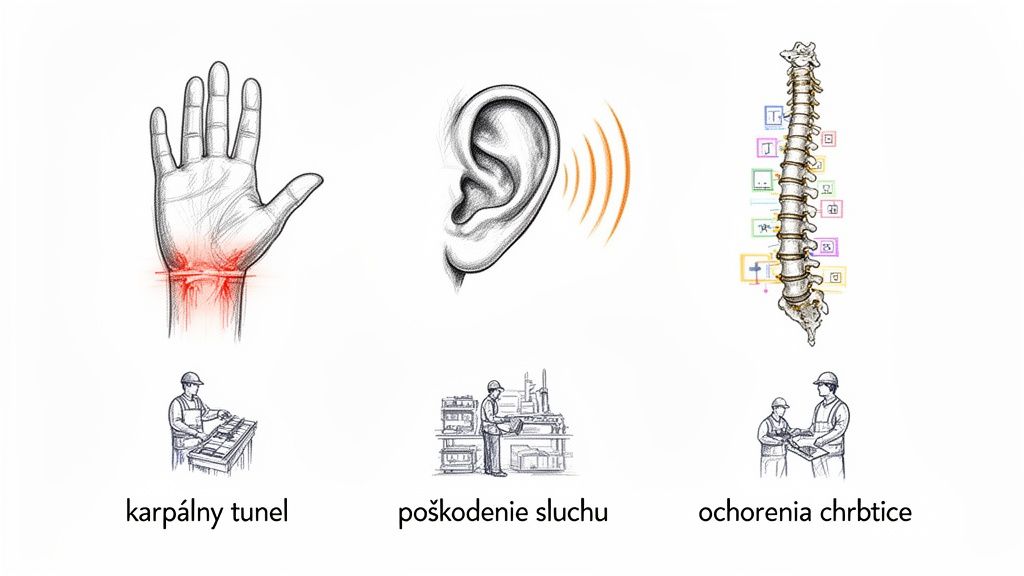 Obrázok zobrazuje tri bežné choroby z povolania: karpálny tunel, poškodenie sluchu a ochorenia chrbtice s ilustráciami.