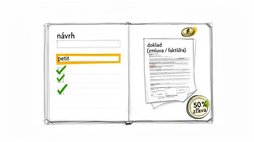 Otvorená kniha s textom "návrh", zvýrazneným "petit", zaškrtávacími políčkami a dokladmi s 50% zľavou.