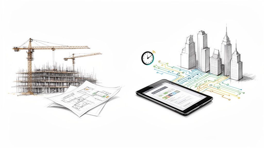 Náčrt staveniska s žeriavmi a plánmi vedľa tabletu s prepojením na digitálne mesto a hodiny.