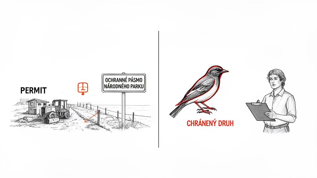 Ilustrácia zobrazujúca povolenie na prácu v národnom parku, chránený druh vtáka a jeho pozorovateľa.