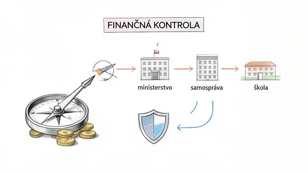 Ilustrácia finančnej kontroly zobrazujúca kompas s mincami, ministerstvo, samosprávu a školu so štítom.