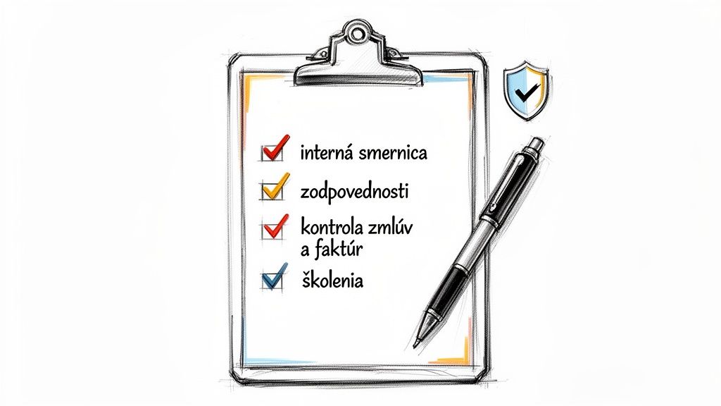 Ilustrácia kontrolného zoznamu na schránke s bodmi ako interná smernica, zodpovednosti, kontrola zmlúv a faktúr a školenia. Vedľa je pero a štít s fajkou.