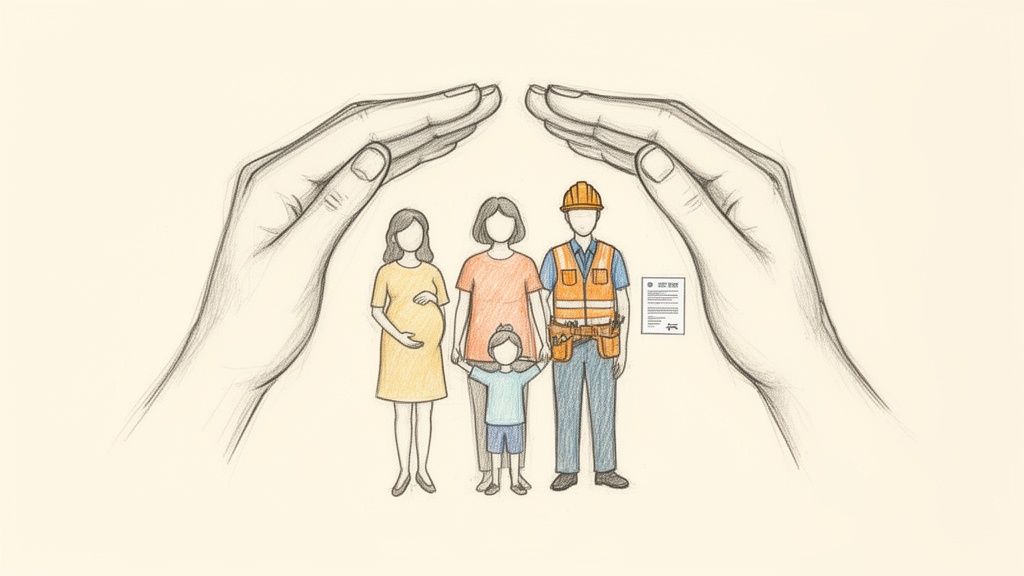 Ruky chrániace rodinu, vrátane tehotnej ženy, dieťaťa a robotníka, s poistným dokumentom.