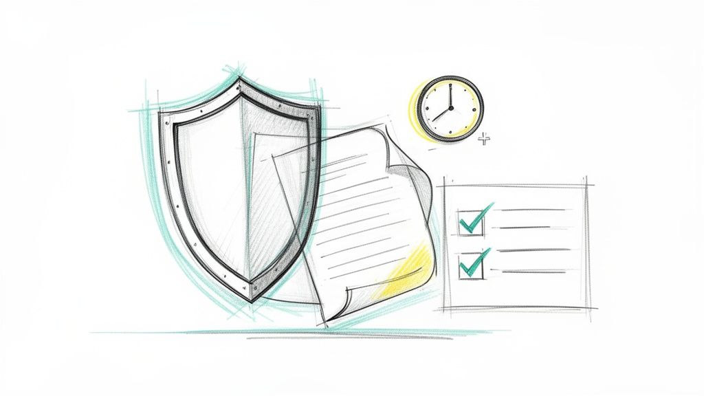 Kresba ochranného štítu, dokumentov, hodín a kontrolného zoznamu s hotovými úlohami.