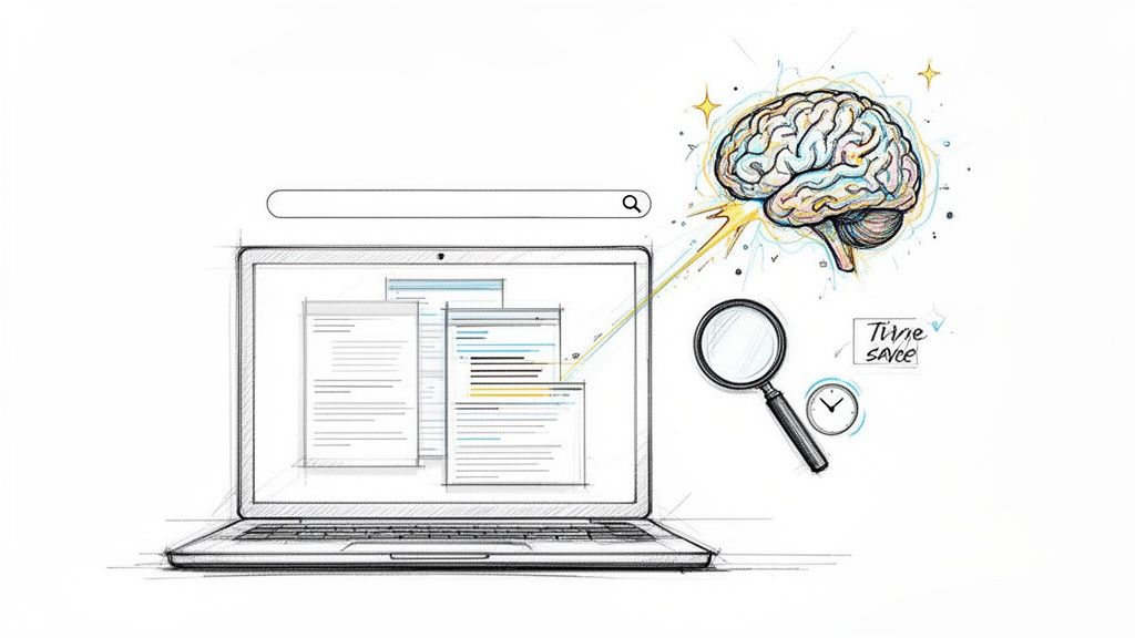 Nákres notebooku s vyhľadávacím poľom, mozgom, lupou a hodinami, symbolizujúci efektívne vyhľadávanie informácií.
