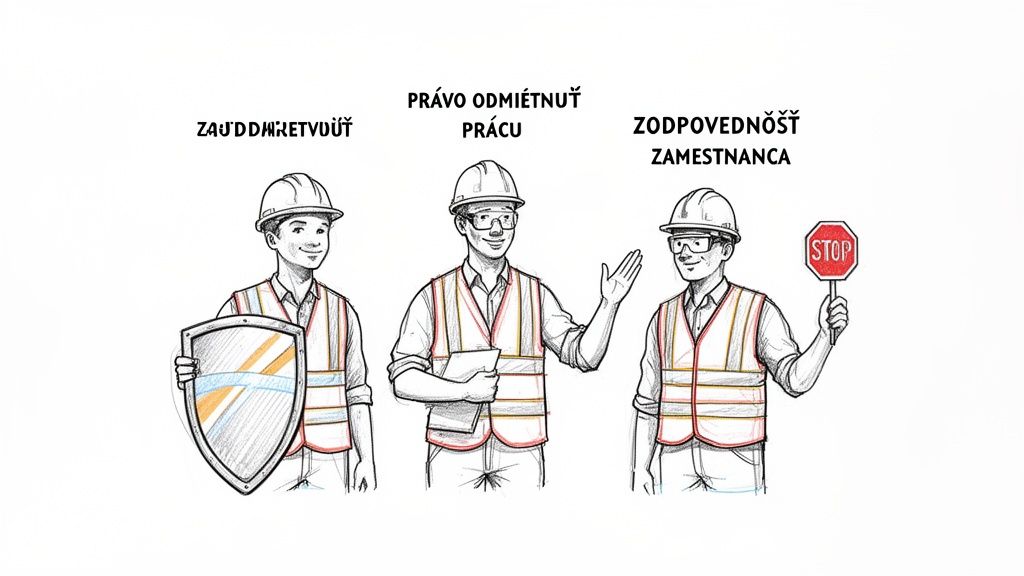 Traja pracovníci v stavebníctve s prilbami a vestami ilustrujú práva a povinnosti zamestnanca.