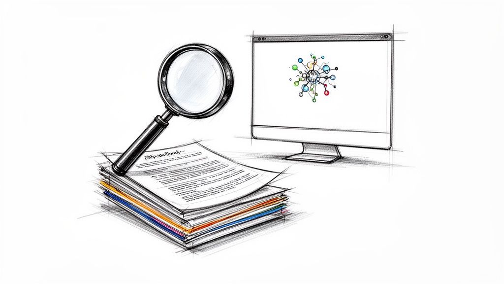 Kresba zväčšovacieho skla na stohu dokumentov vedľa monitora s vizualizáciou dátovej siete.