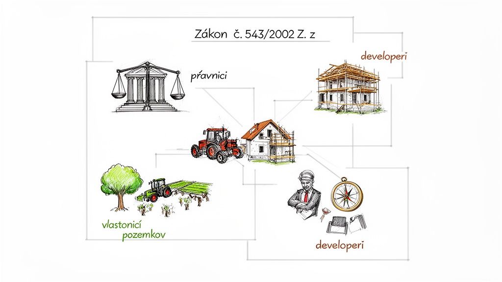 Diagram zobrazujúci vzájomné vzťahy medzi právnikmi, developermi, vlastníkmi pozemkov a Zákonom č. 543/2002 Z. z.