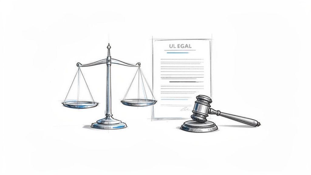 Skica váh spravodlivosti, dokumentu s nápisom ULEGAL a súdneho kladiva v právnickej téme.