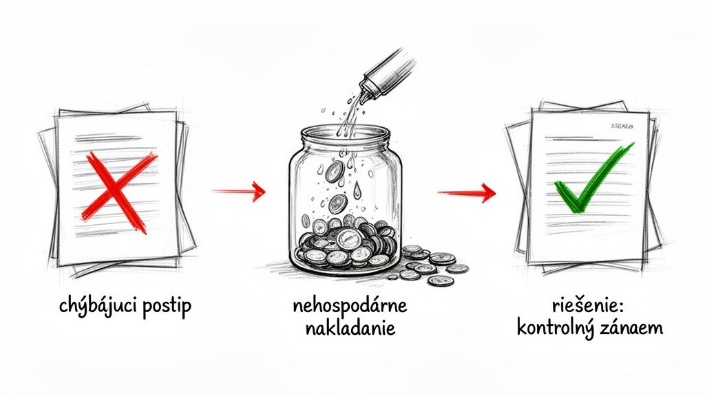 Obrázok znázorňuje, ako chýbajúci postup vedie k nehospodárnemu nakladaniu, riešením je kontrolný záznam.