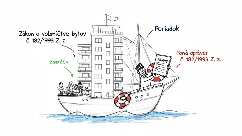 Ilustrácia zákona o vlastníctve bytov s budovou na lodi, ľuďmi a textami o fonde opráv a poriadku.