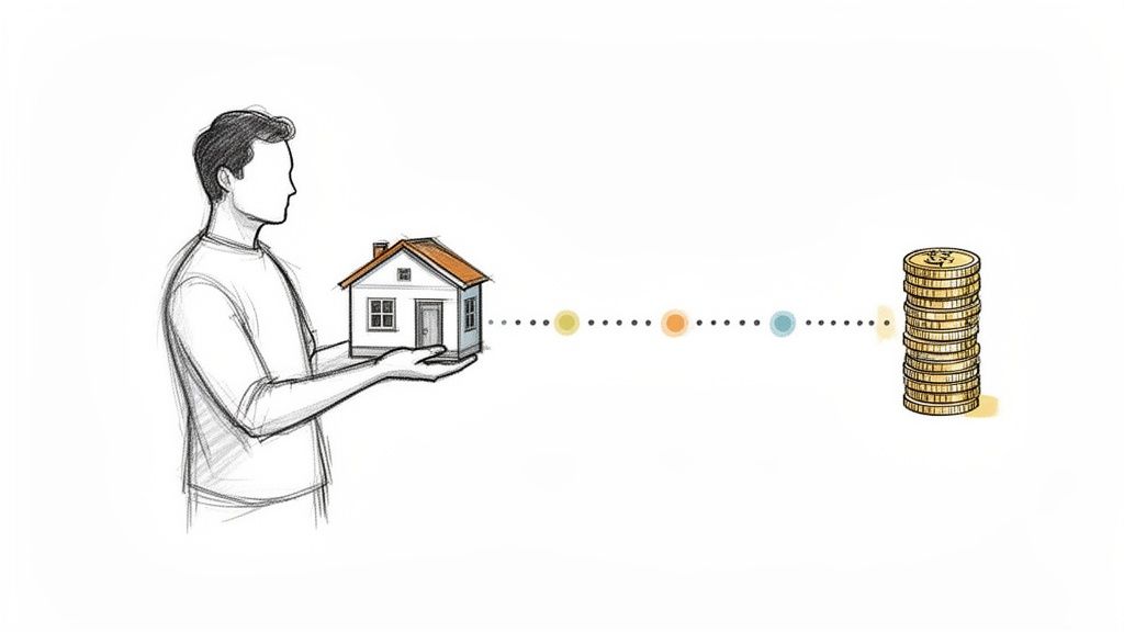 Muž drží dom, ktorý je prostredníctvom bodkovanej čiary spojený s hromadou zlatých mincí.