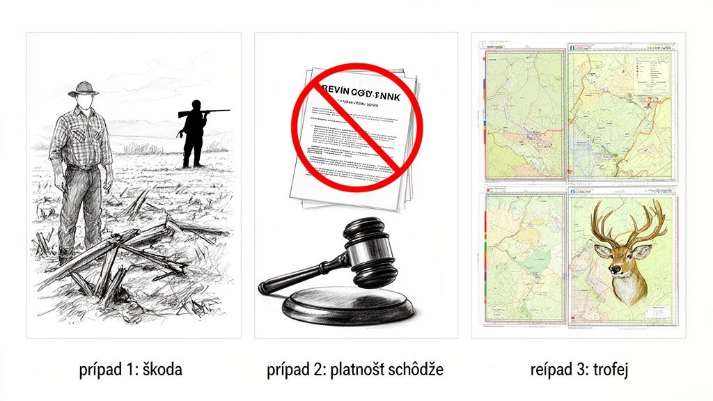Ilustrácia troch prípadov poľovníckeho práva: škoda, platnosť schôdze a trofeje.