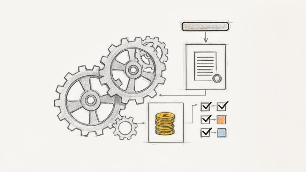Diagram s ozubenými kolesami, dokumentom, kontrolným zoznamom a mincami, znázorňujúci proces.