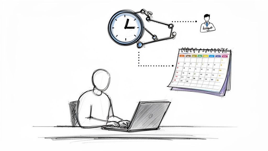 Kreslený obrázok osoby pracujúcej na notebooku, s hodinami, kalendárom a ďalšou osobou znázorňujúci riadenie času a plánovanie práce.