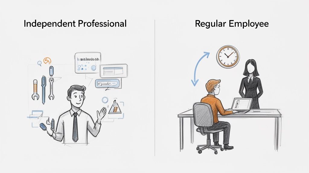 Ilustrácia porovnávajúca nezávislého profesionála s bežným zamestnancom, zobrazujúca rozdiel v pracovných modeloch.