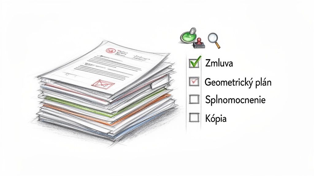 Hromada dokumentov a kontrolný zoznam s možnosťami Zmluva, Geometrický plán, Splnomocnenie a Kópia.