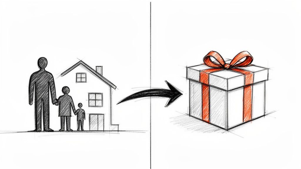 Kresba rodiny s domom, šípka smerujúca k darčekovej krabici, symbolizujúca dedičstvo.