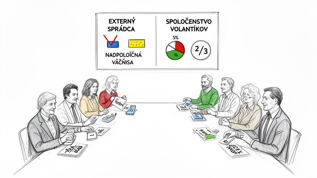 Skupina ľudí na rokovaní, s tabuľou znázorňujúcou pravidlá hlasovania a rozhodovania komunity.