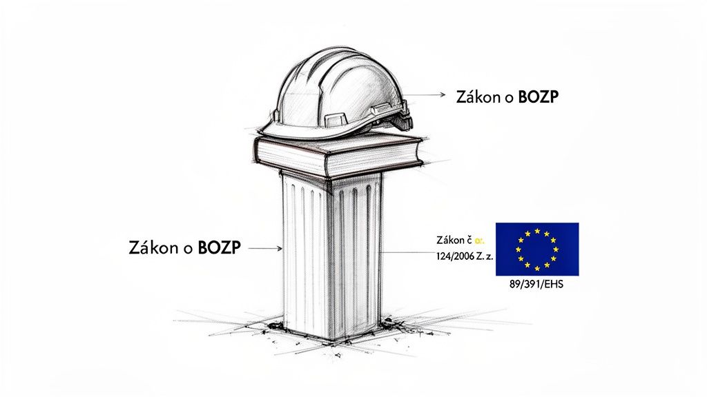Kresba stavebnej prilby na knihe na stĺpe, symbolizujúca Zákon o BOZP a legislatívu EÚ.
