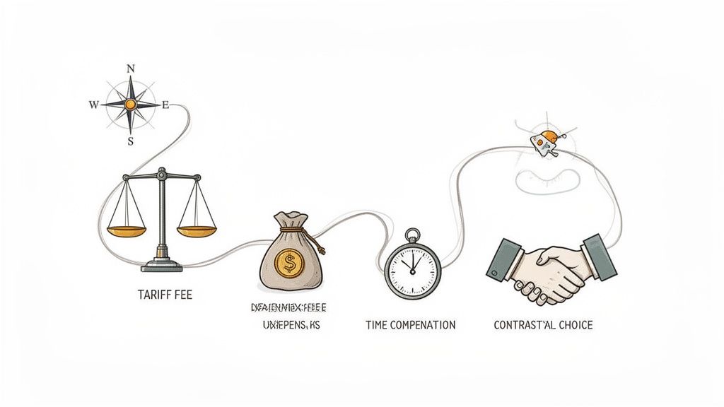 Ilustrácia procesu s kompasom, váhami pre poplatky, peniazmi, stopkami pre čas a podaním rúk pre rozhodnutie.