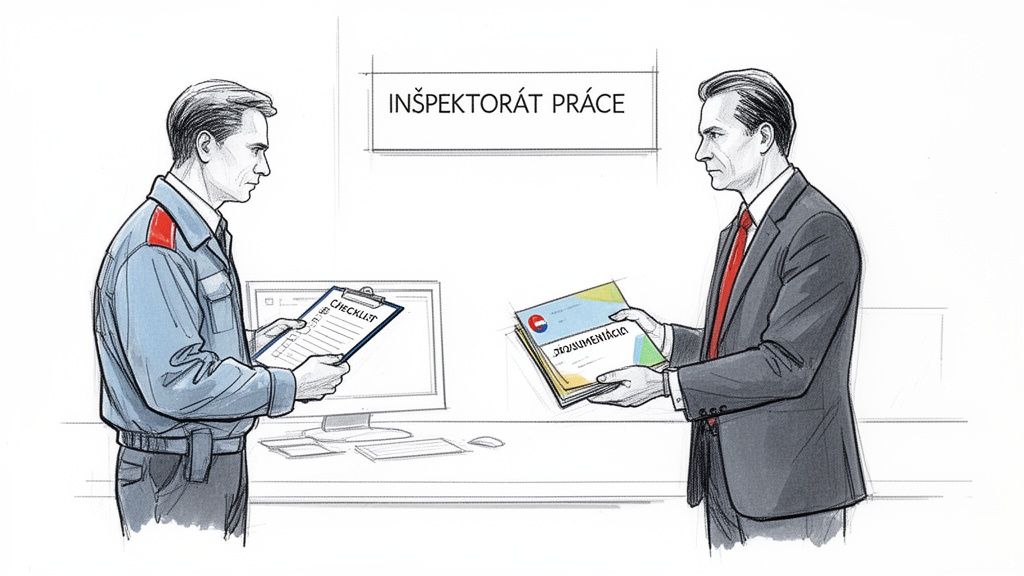 Muž v uniforme s kontrolným zoznamom a muž v obleku s dokumentmi pri inšpekcii Inšpektorátu práce.