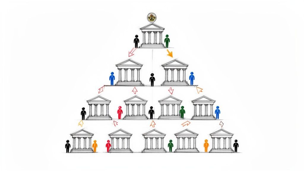 Ilustrácia hierarchickej štruktúry inštitúcií s ľuďmi a šípkami naznačujúcimi interakciu a tok.