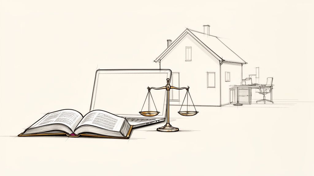 Otvorená kniha, notebook, váhy spravodlivosti a dom s kanceláriou v skicovanom štýle.