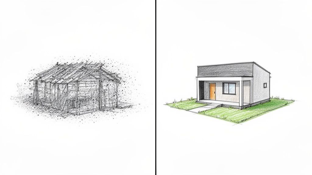 Dve kresby domov: vľavo drsná skica chatrče, vpravo moderný domček na tráve.