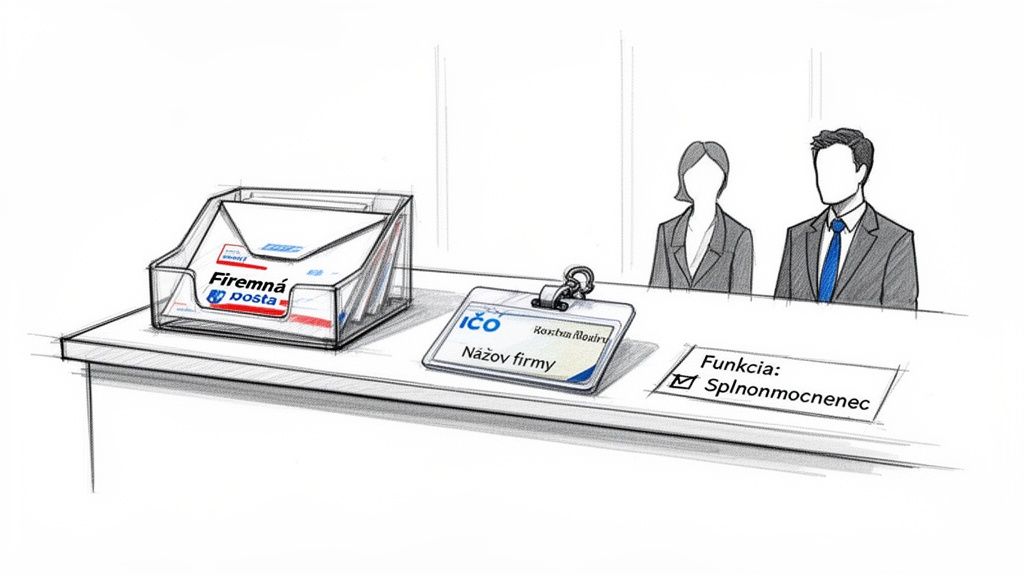 Ilustrácia stola s firemnou poštou, identifikačnou kartou a osobami, zobrazujúca splnomocnenca pri prevzatí zásielok.
