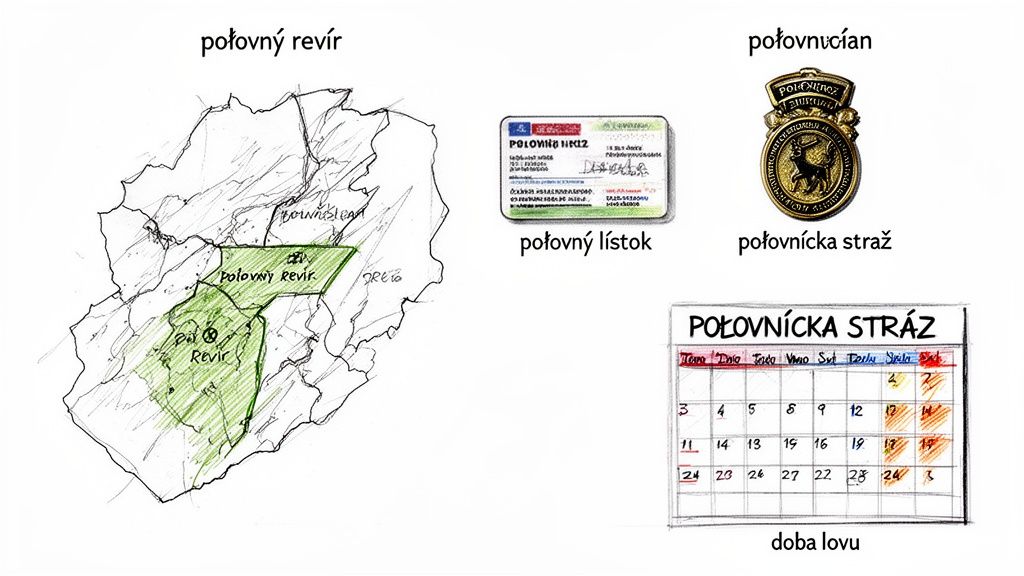Ilustrácia zobrazujúca poľovný revír, poľovný lístok, poľovnícku stráž a kalendár doby lovu.