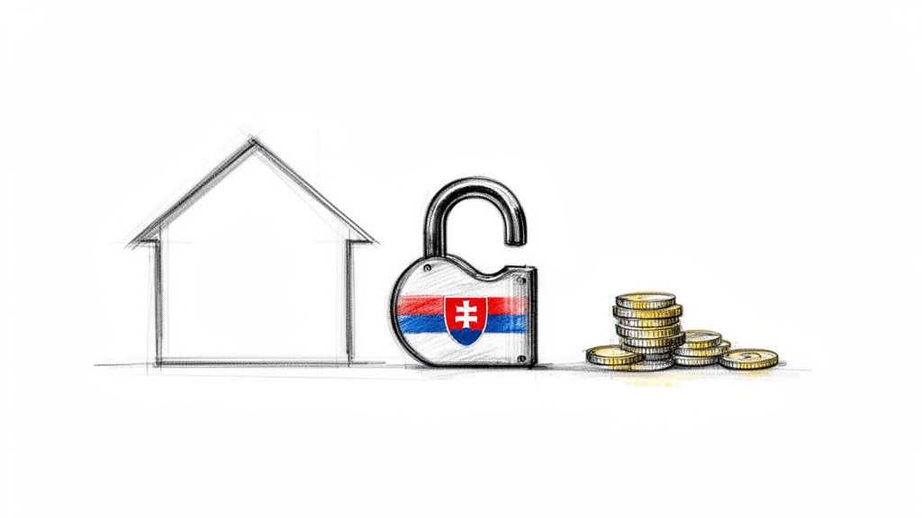 Nákres domu, odomknutý visiaci zámok s vlajkou Slovenska a hromady mincí na bielom pozadí.