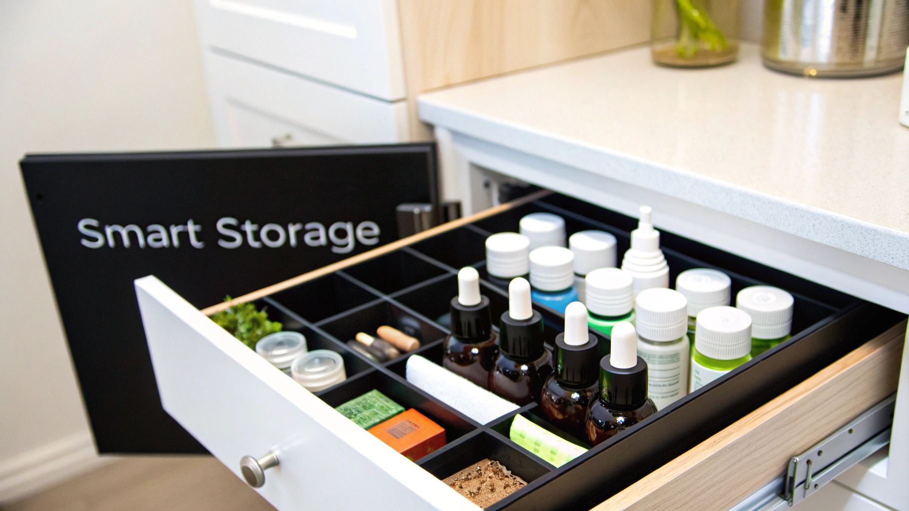 A small white bathroom vanity with a deep drawer and organized contents.