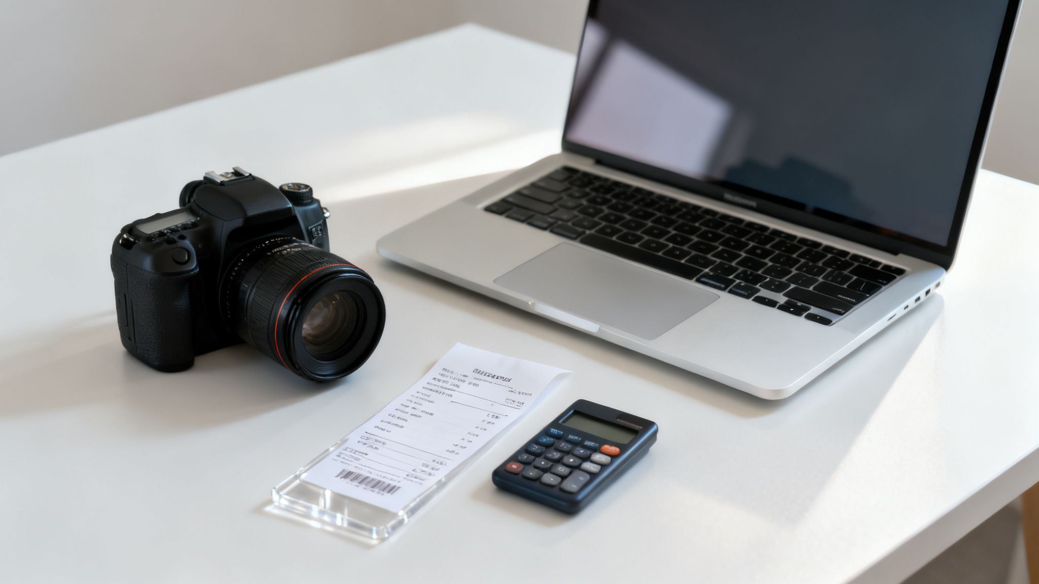 A white desk with a DSLR camera, laptop, paper receipt, and calculator, suggesting business finances.