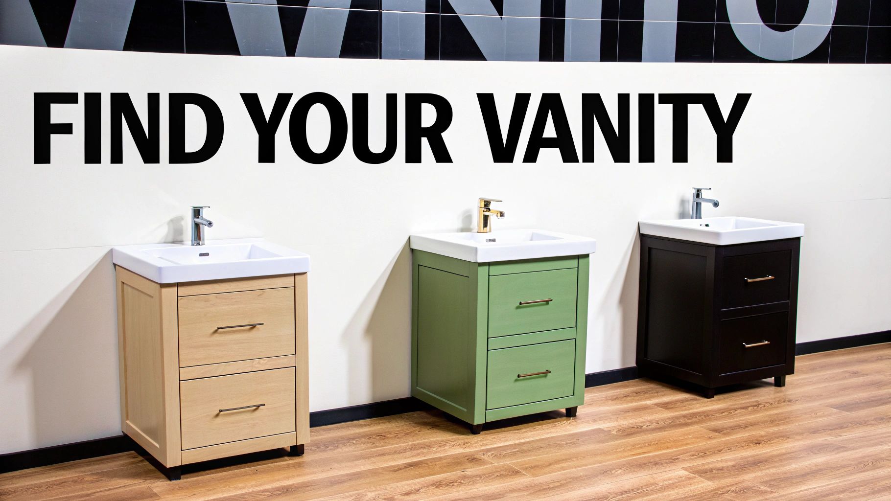 A small, wall-mounted wooden vanity with a white sink and black tapware.