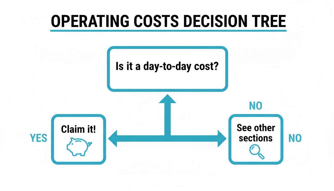 A decision tree flowchart for operating costs. If a cost is day-to-day, claim it; otherwise, see other sections.