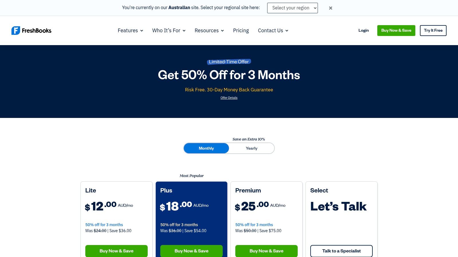 A screenshot of the FreshBooks pricing page showing different plans available for Australian businesses.