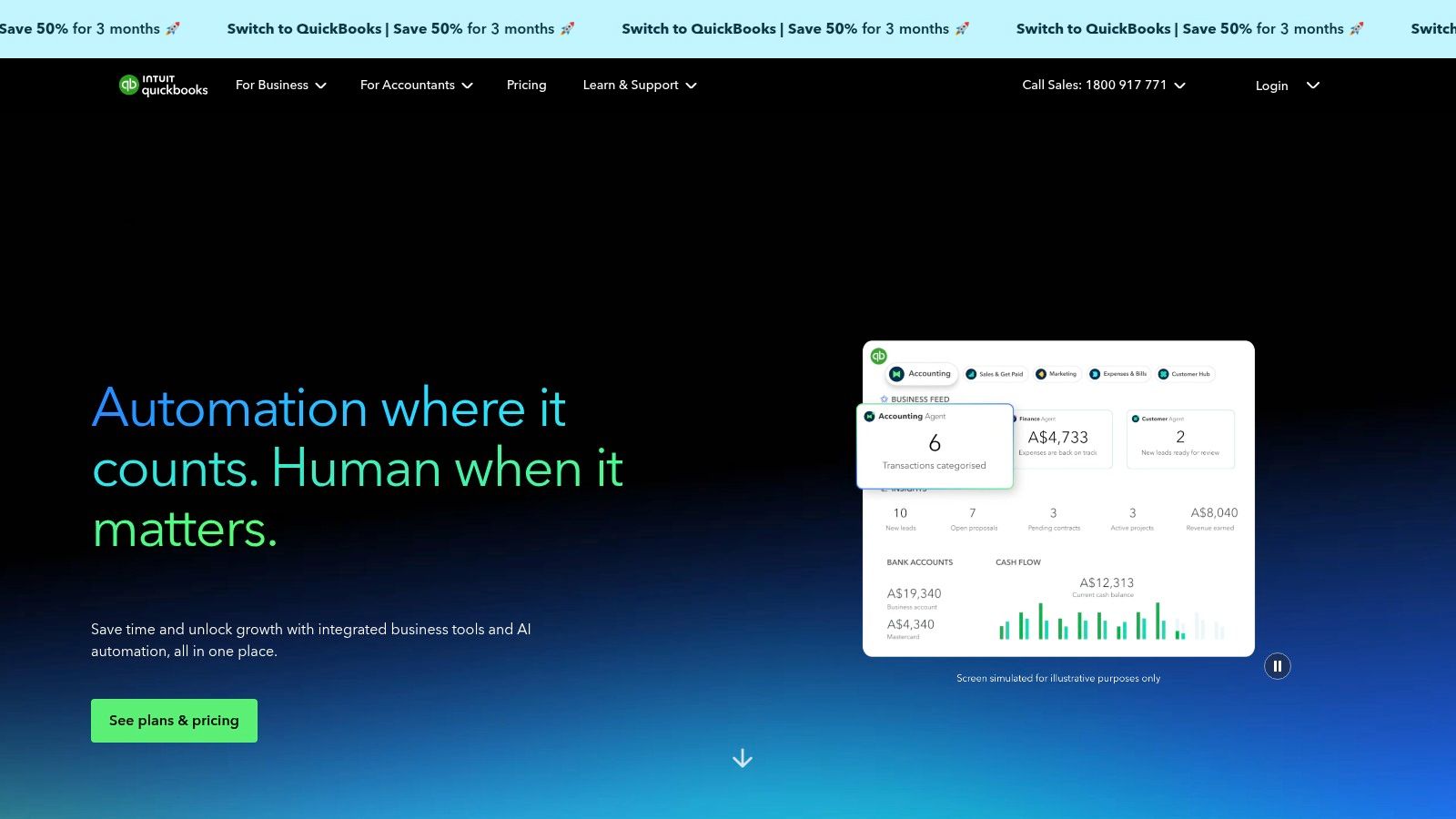 A dashboard view of QuickBooks Online, showing key financial metrics and charts.